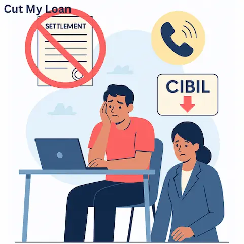 Worried man and woman facing loan settlement failure, CIBIL score drop, and harassment calls due to lack of legal help