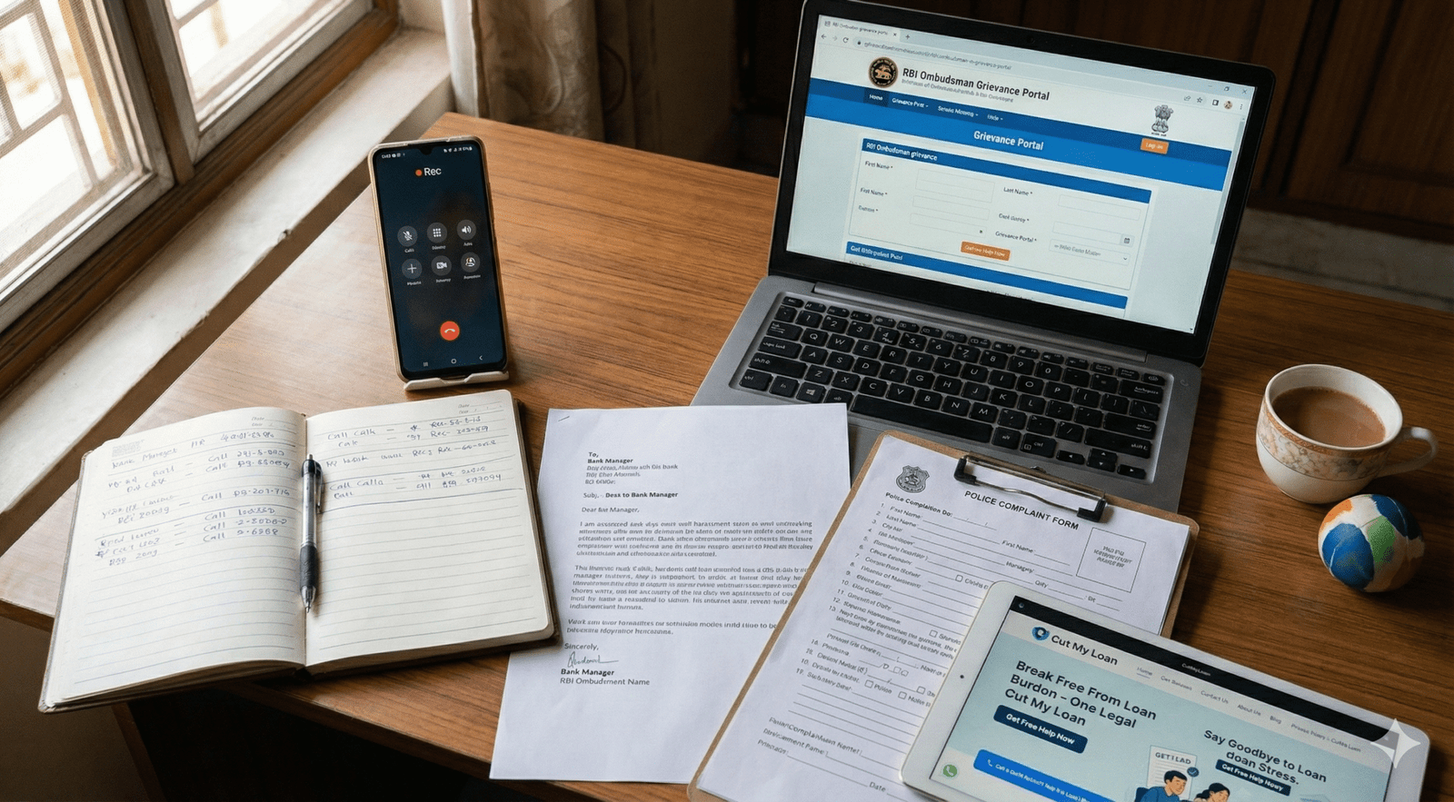 Desk with evidence recording, complaint forms and RBI portal