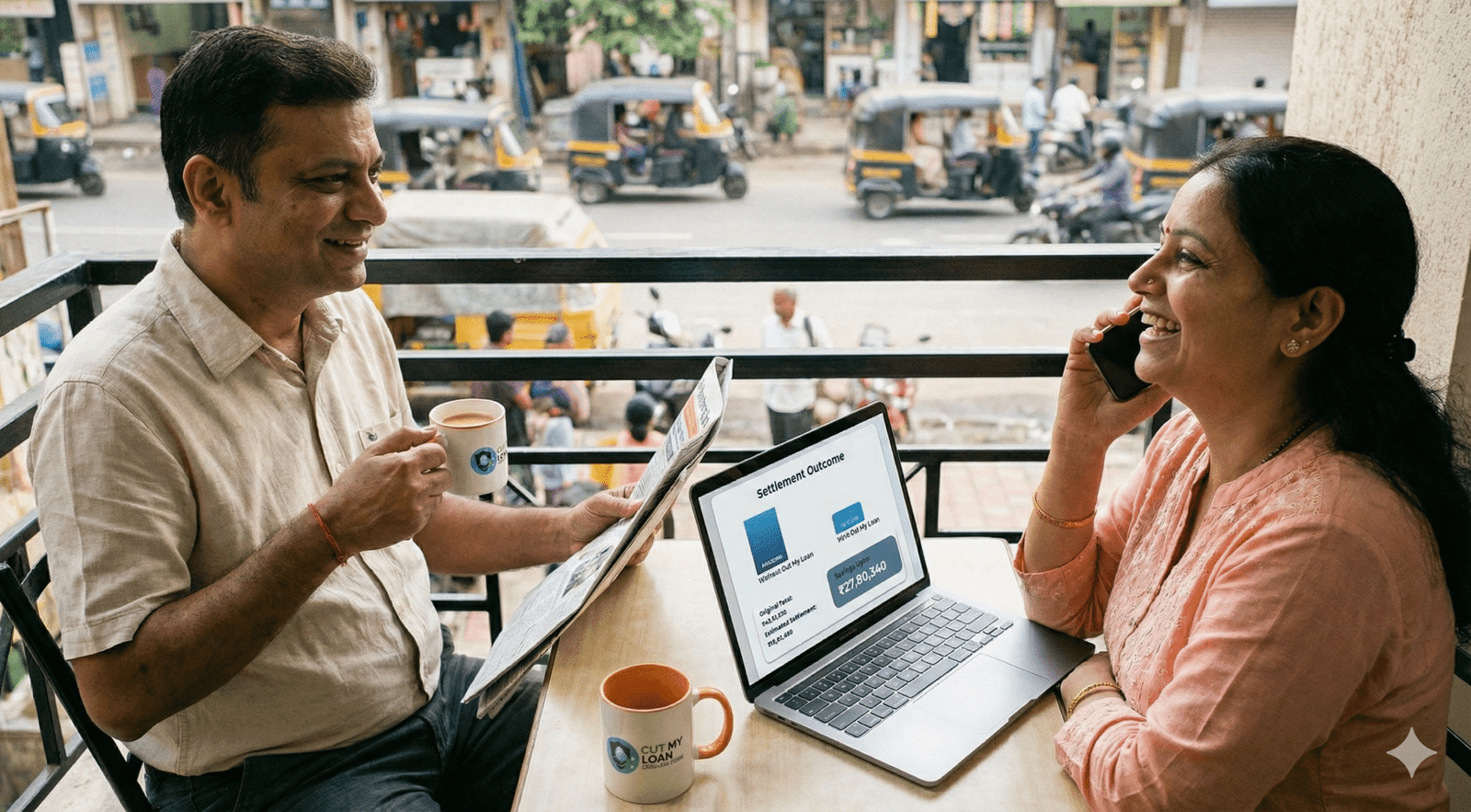 Couple relaxed on balcony showing settlement savings